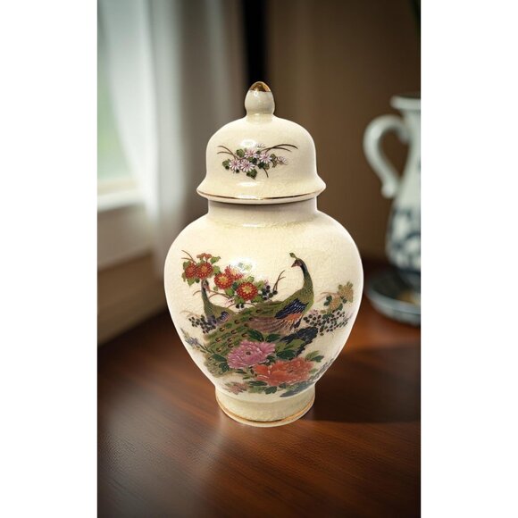 vintage japan satsuma crackle porcelain peacock and floral design ginger jar. - Picture 3 of 9
